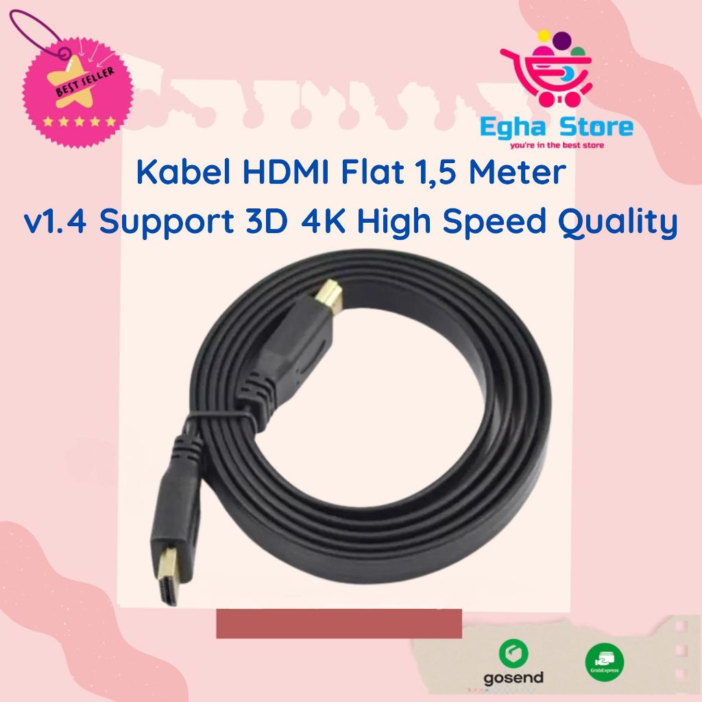Kabel HDMI Flat 1,5 Meter Ver 1.4 High Quality Gold Plated Cable HDTV AV Male to Male 1,5m Support 3