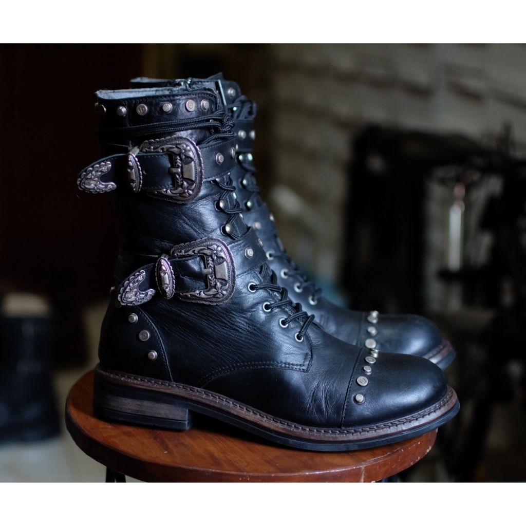 Sepatu Boots Music Band Rocker Rock Motoran Motor Leather Kulit Embose Studded