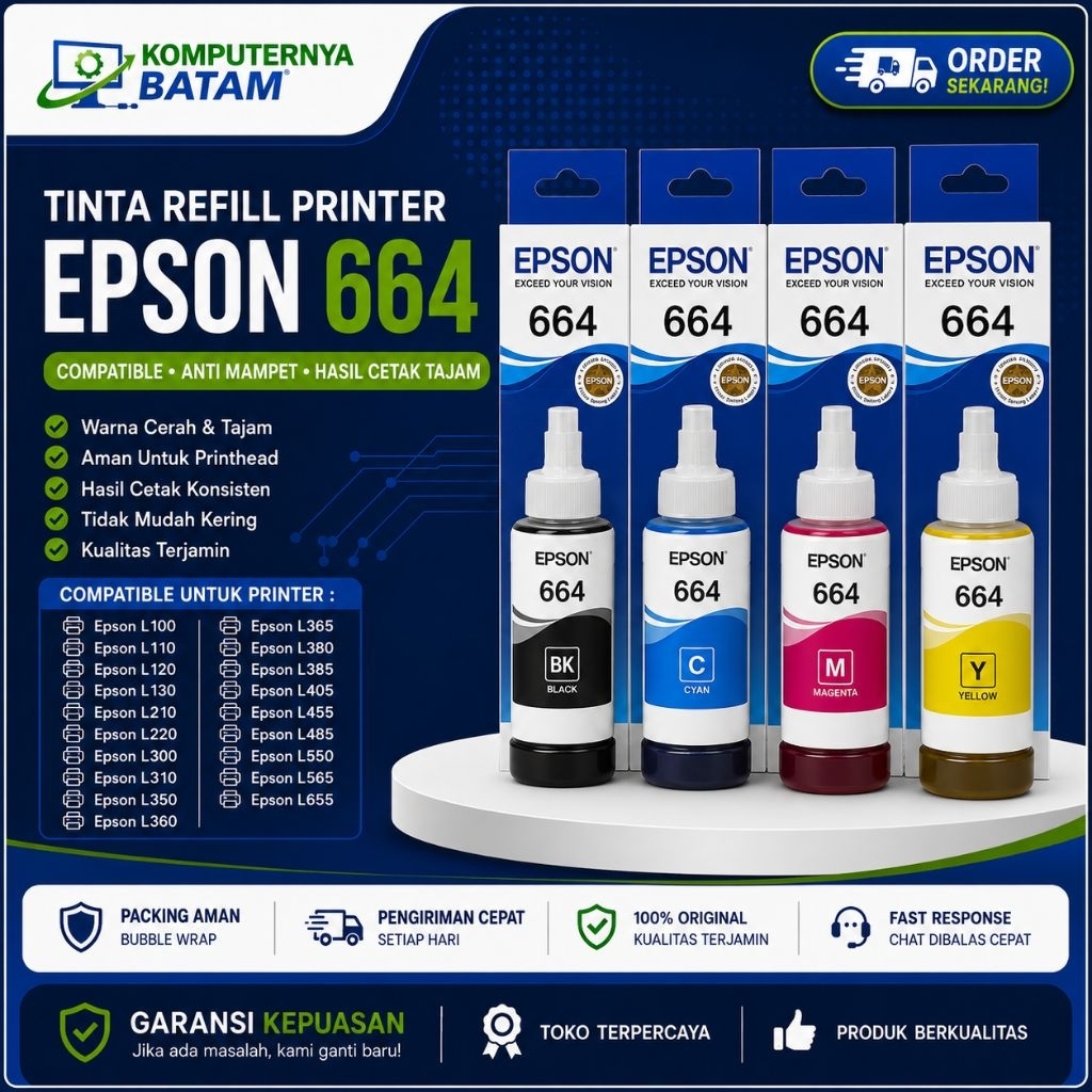 Tinta Epson 664 Kompetibel Untuk Produk  Epson L100Epson L110
Epson L120
Epson L130
Epson L210
Epson