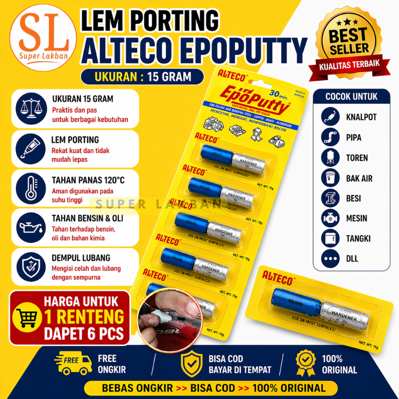 6 pcs lem porting epo putty 15gr / 1 renceng alteco epoputty 15gram / lem tangki motor tahan bensin 