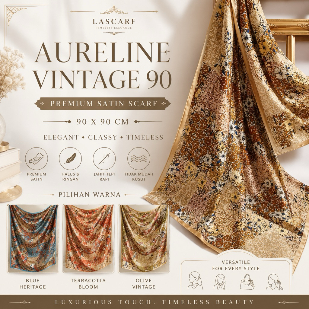 Lascarf Aureline Vintage 90 Premium Floral Mosaic Satin Scarf 90x90 cm