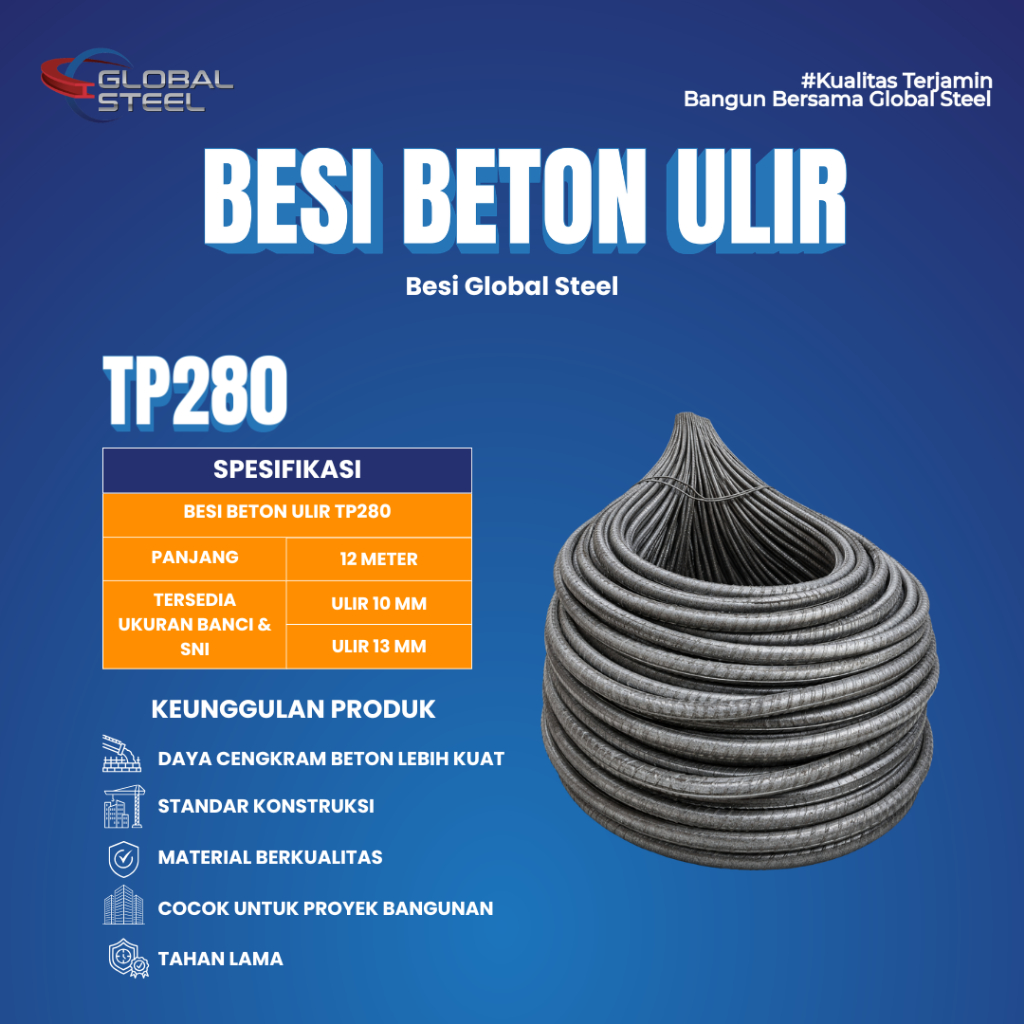 Global Steel - Besi Beton Ulir TP280 10mm & 13mm - Besi Ulir SNI Untuk Konstruksi Kuat dan Tahan Lam