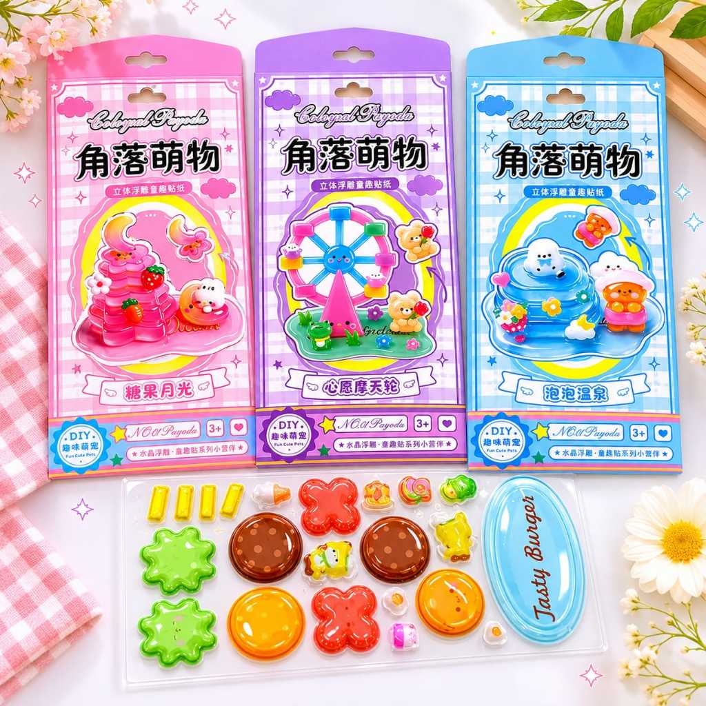 Cartoon 3D Crystal Stackable Series Sticker Sheet Dekorasi Journal Binder Scrapbook Stiker 3D Karakt