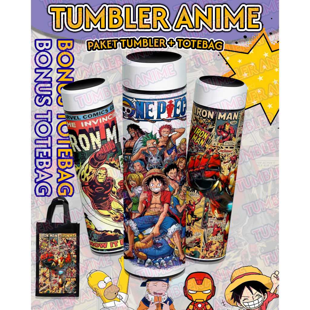 TUMBLER SOVENIR ANIME KARAKTER - TUMBLER KARAKTER ANIME - TUMBLER BAND - PAKET TUMBLER + TOTEBAG - N