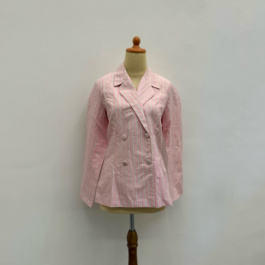 PRELOVED Array Pink Stripes Double Buttons Long Sleeve Blazer Blouse Fashion Wanita