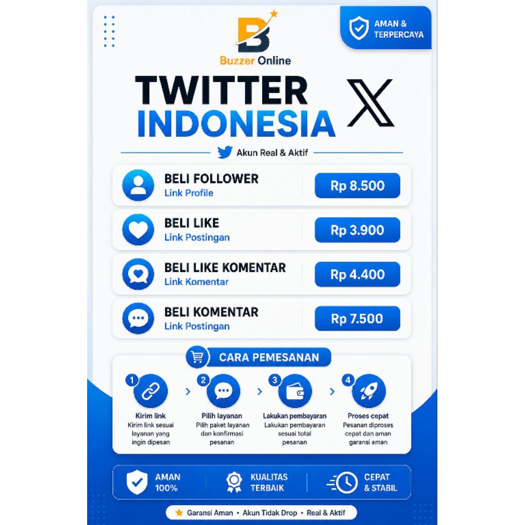 JASA TWITTER / X INDONESIA
Layanan follower, like, komentar & like komentar untuk akun Twitter / X I