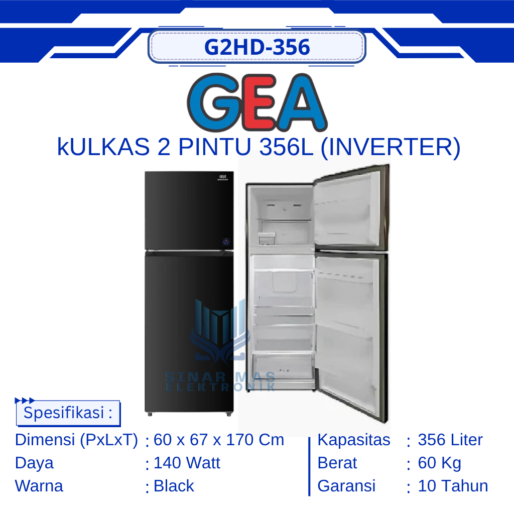GEA - G2HD-356 KULKAS 2 PINTU 356L (INVERTER)
