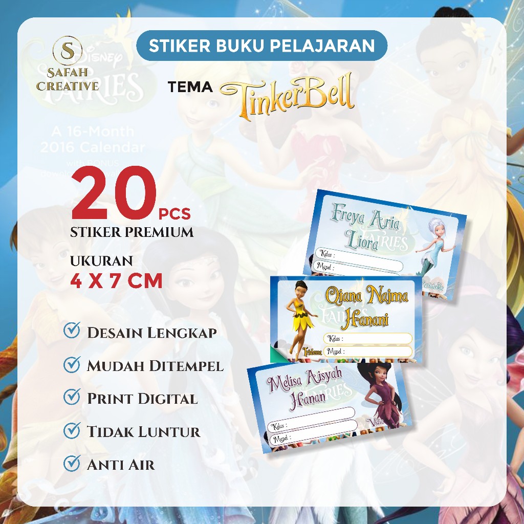 Stiker Buku Mata Pelajaran Sekolah [Costum Nama] Seri TINKER BELL FAIRIES