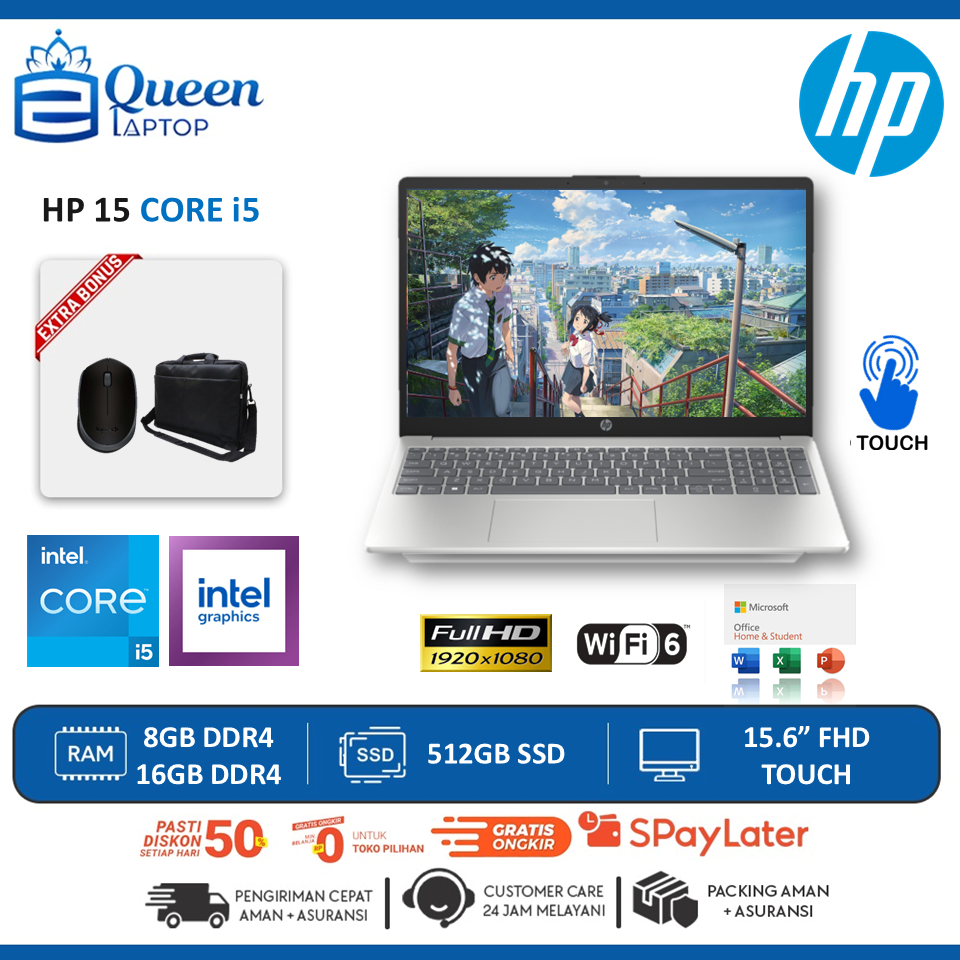 Laptop Baru HP 15 Core i5 1334U Ram UPTO 32GB 1TB SSD Touchscreen 15 inch Fhd silver