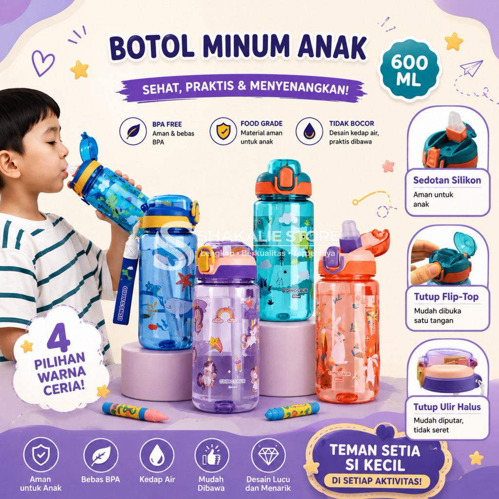 Botol Minum Anak Karakter 600ml BPA Free Anti Bocor Sedotan Lucu Dino Unicorn Viral