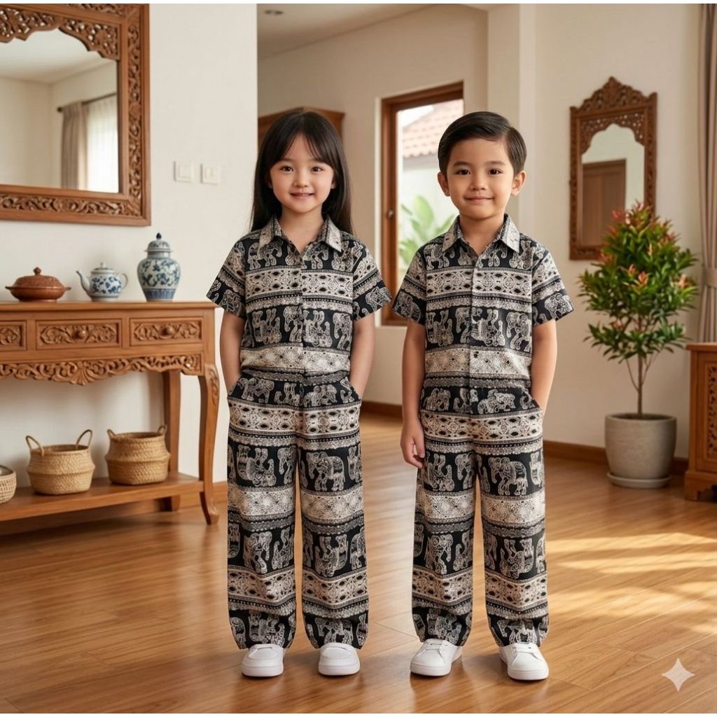 Setelan Anak Motif Gajah Thailand / Setelan Kemeja rayon anak motif Gajah / One set piyama Unisex Aa