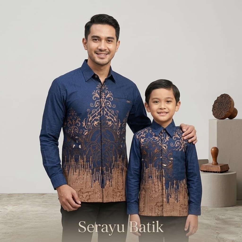 NAVY GOLD | Batik Couple Ayah Dan Anak Laki Laki | Batik Katun Solo Premium Pria Lengan Panjang | Ba