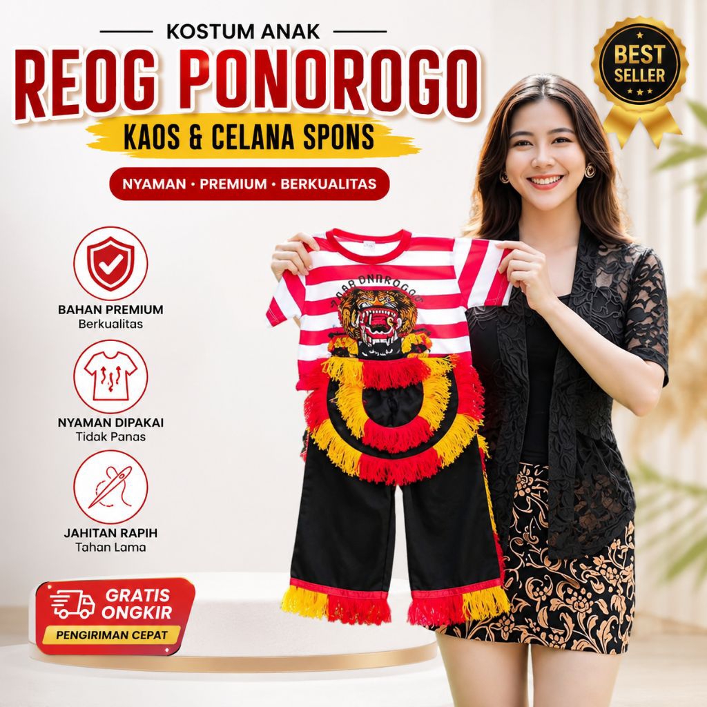 Kostum Anak Reog Ponorogo Lengkap Kaos Celana Spons Topeng Singa Barong Baju Pentas Karnaval Anak