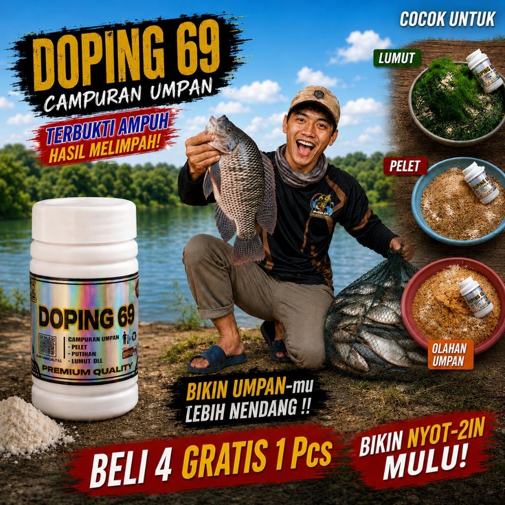 DOPING 69 Campuran Umpan Lumut, Pelet, Putihan, Olahan Galatama (Nila, Bawal, Patin, Tombro, Ikan Ma