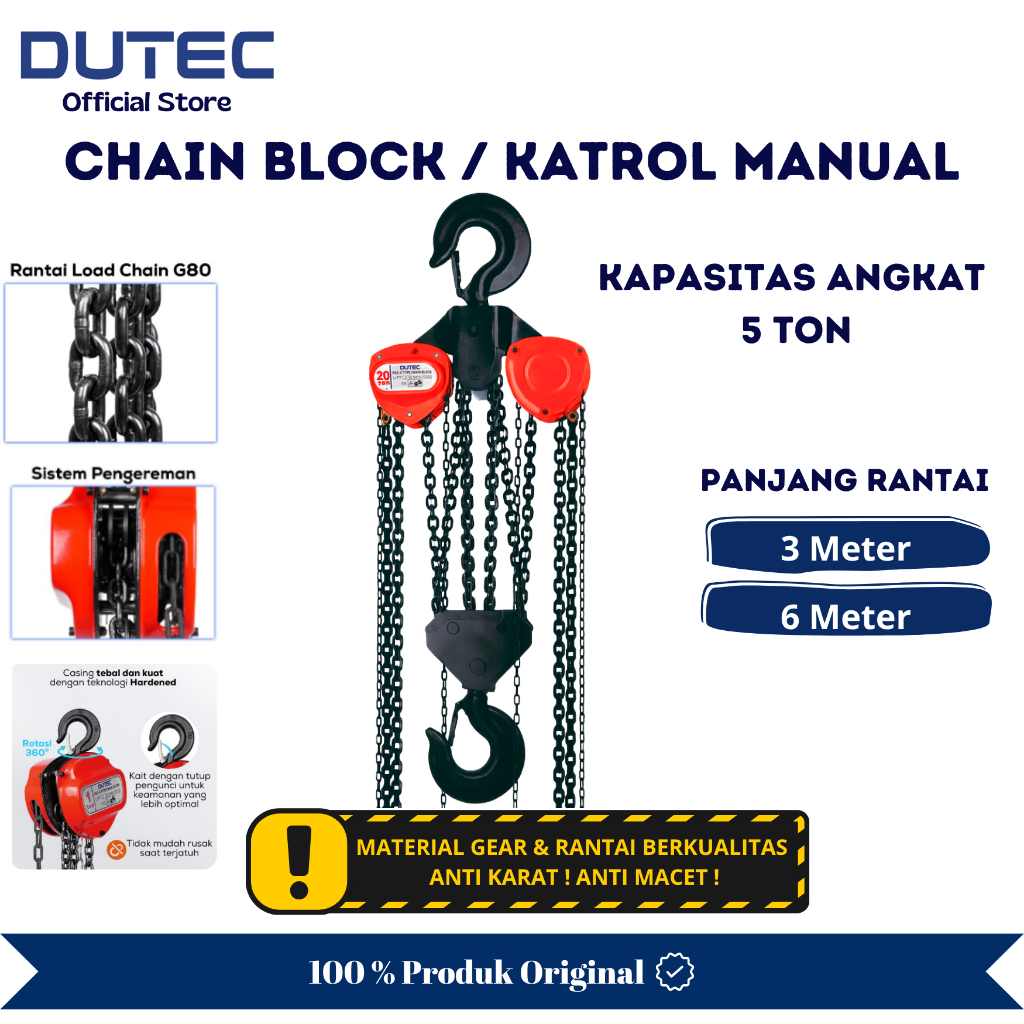 DUTEC Chain Block 20 Ton / Takel 20 Ton / Katrol Barang 20 Ton / Kerekan 20 Ton Berkualitas