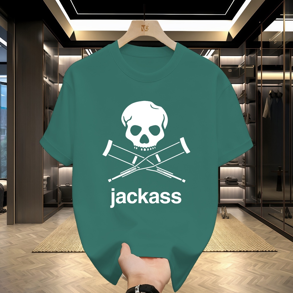 Jackass Skeleton Crutches Logo Tshirt Pria Wanita Mode Kapas Lengan Pendek T-shirt Pria 90an Gothic 