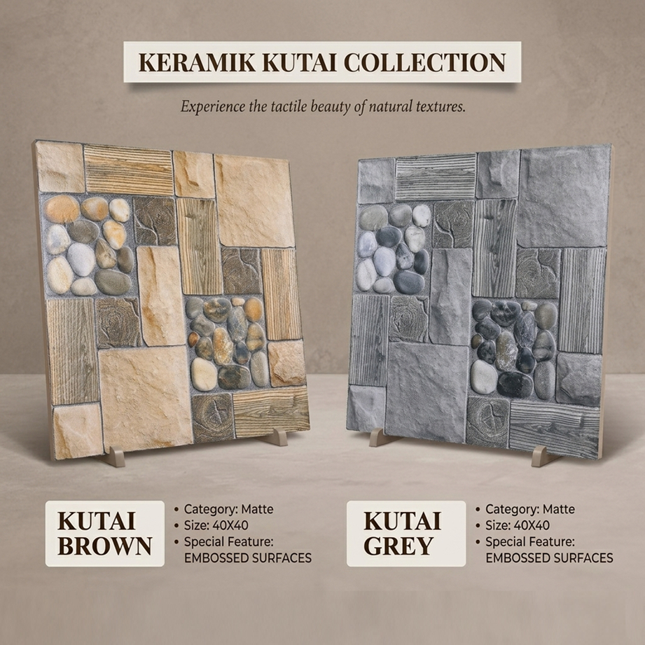 Keramik KUTAI Brown & Grey 40x40 Matte | Embossed Surfaces | Keramik Lantai Premium Minimalis | 1 Du