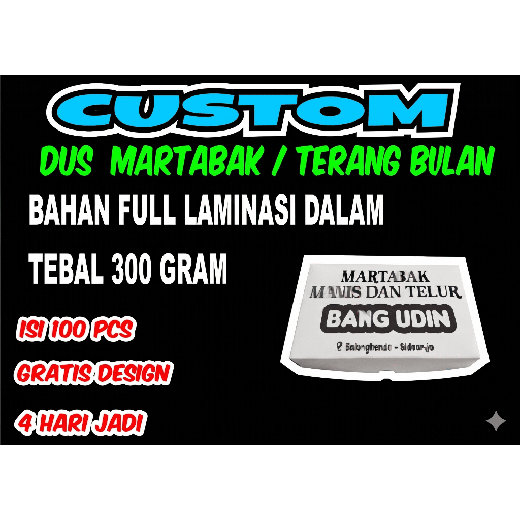 (isi 100 pcs) DUS MARTABAK LAMINASI, BOX MARTABAK WARNA PUTIH CUSTOM SABLON NAMA DAN LOGO