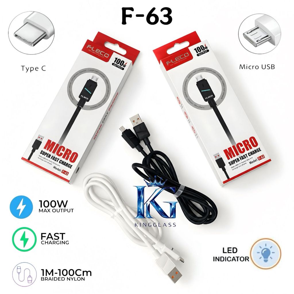 Fleco F-63 Kabel Data LED Light Super Fast Charging 100W 6A Micro / Type C [ROXY]