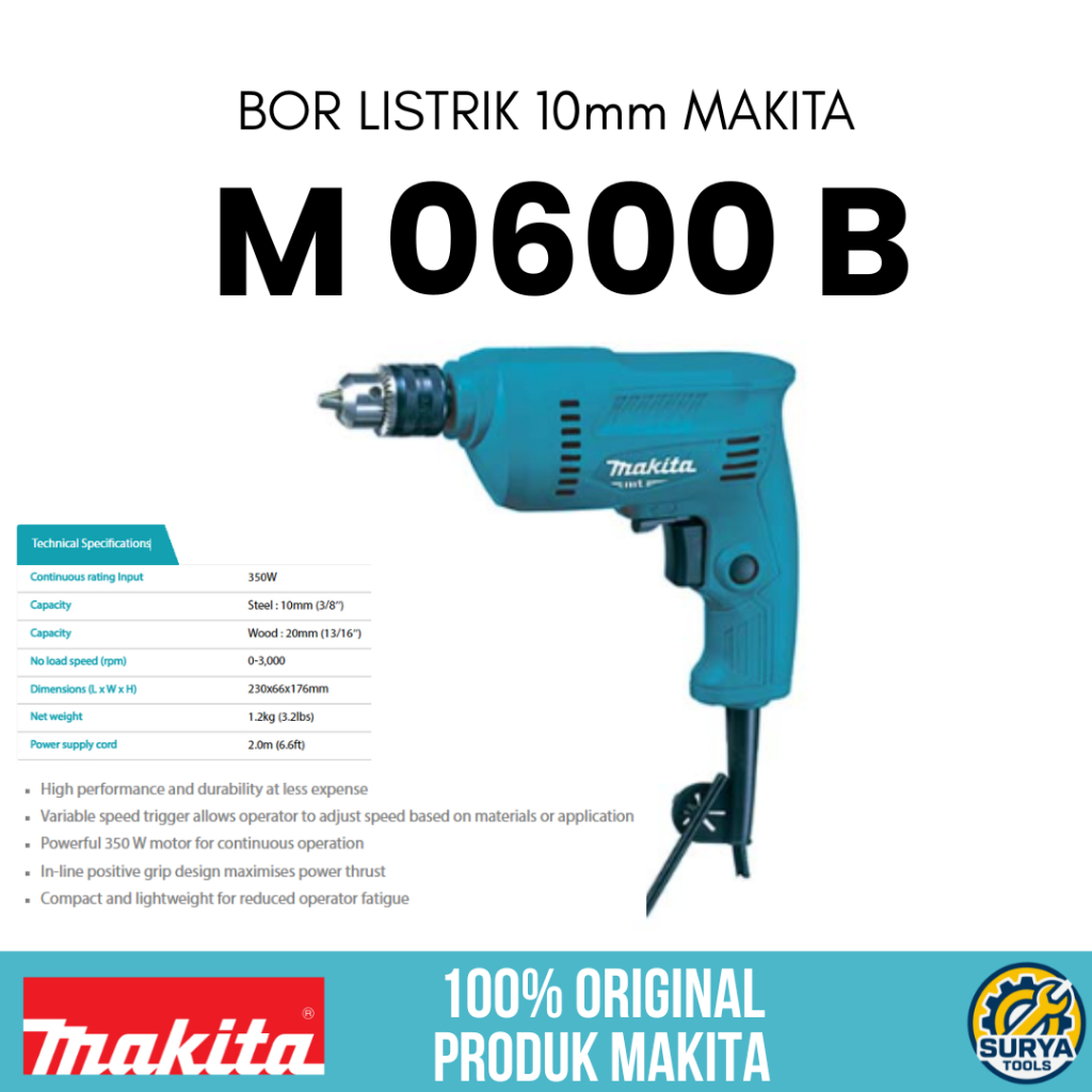 MESIN BOR LISTRIK 10mm MAKITA/ M0600B/ PENGGANTI MACTEC MT60 POWER/ ORIGINAL MAKITA
