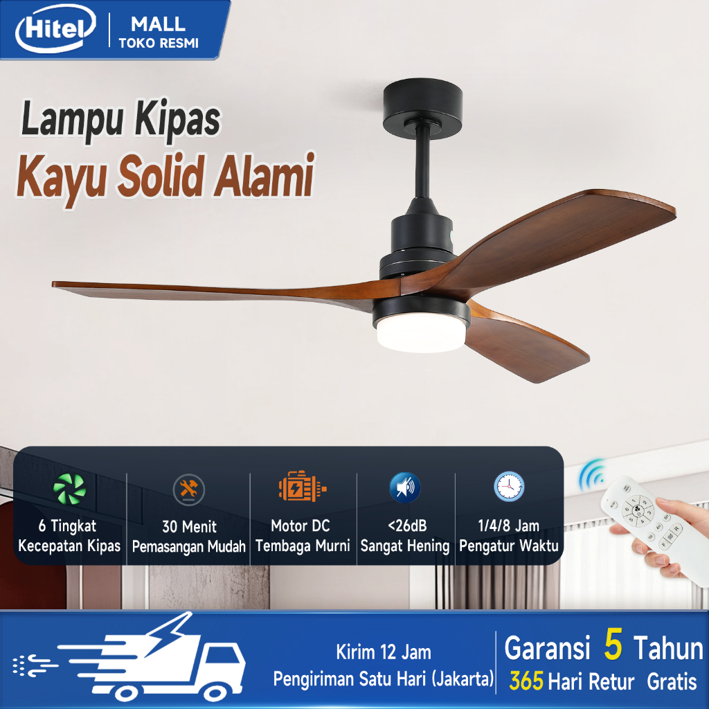Hitel 42/52/60 inci lampu kipas angin gantung plafon  kayu solid Lampu tiga warna 6 kecepatan angin 