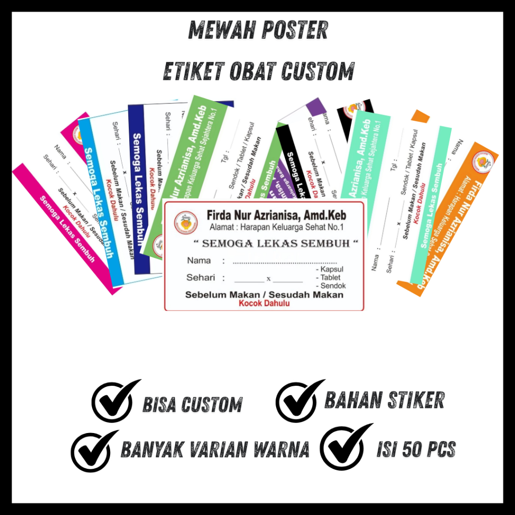 Etiket Obat Custom (Nama/Tulisan) isi 50 pcs