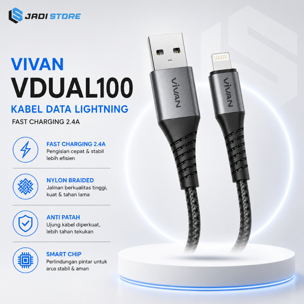 VIVAN VDUAL100 Kabel Data Lightning iPhone Original Fast Charging 2.4A 100CM Kabel Charger iPad Nylo