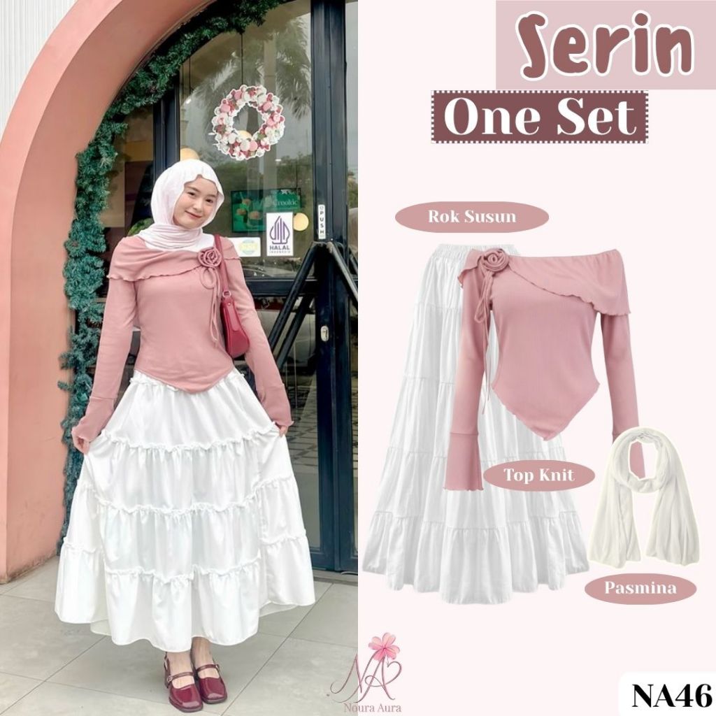 Serin One Set (Top Knit, Rok Susun, Pasmina) Set Outfit Pink Korean Style Cewek Feminim Model Sabrin