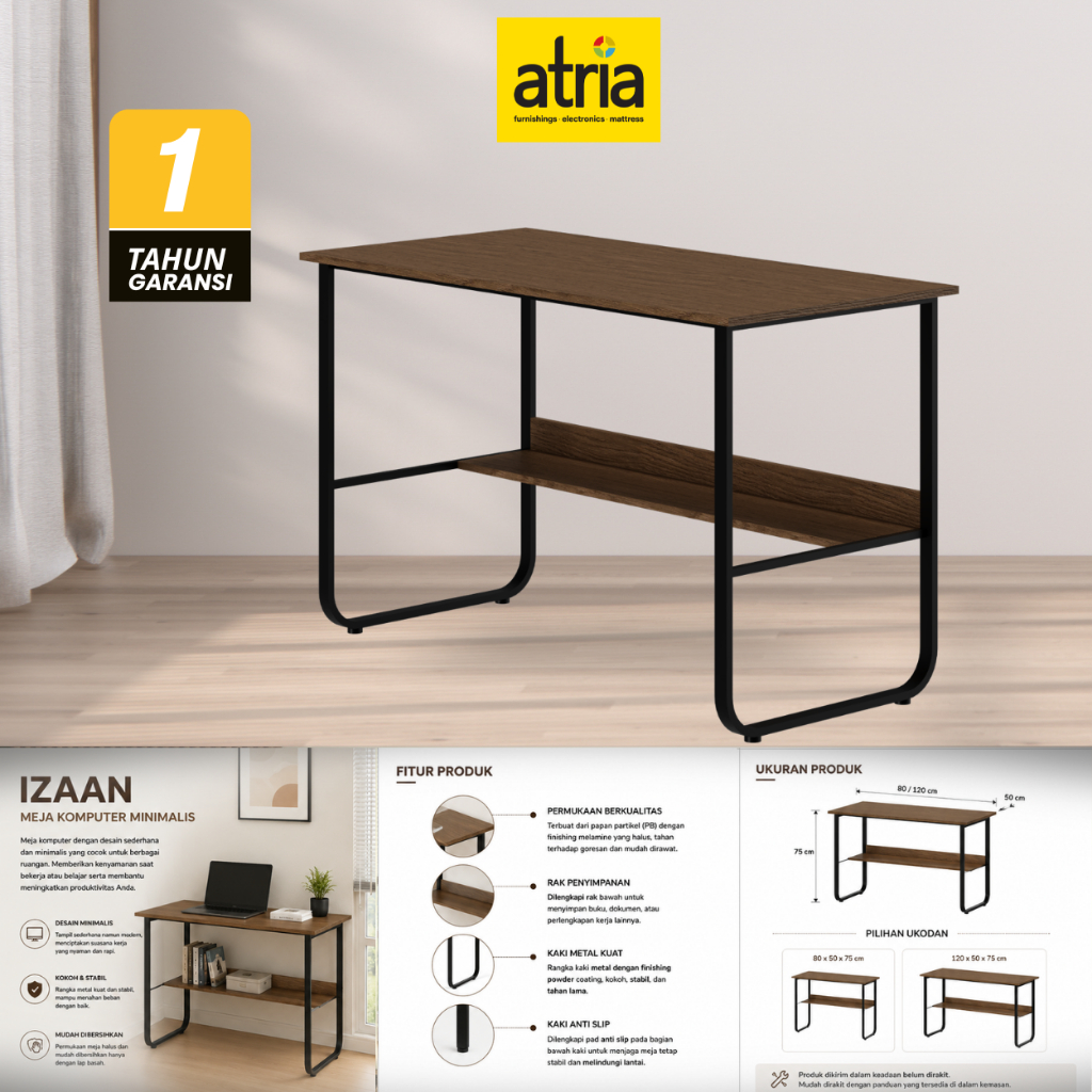 Atria Izaan Meja Komputer Minimalis 80/100  Melamine with Metal Leg