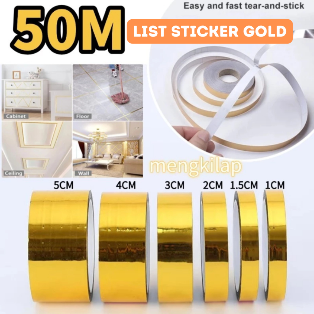 List Gold Sticker 50 Meter Tahan Air Glossy List Emas Dinding Lantai Keramik Moulding Stiker