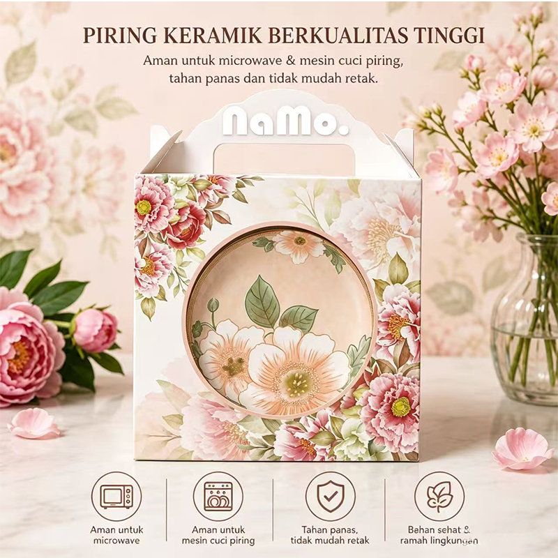 Namo Gift Piring Set Keramik Motif Bunga Elegan Cocok untuk Kado dan Hampers