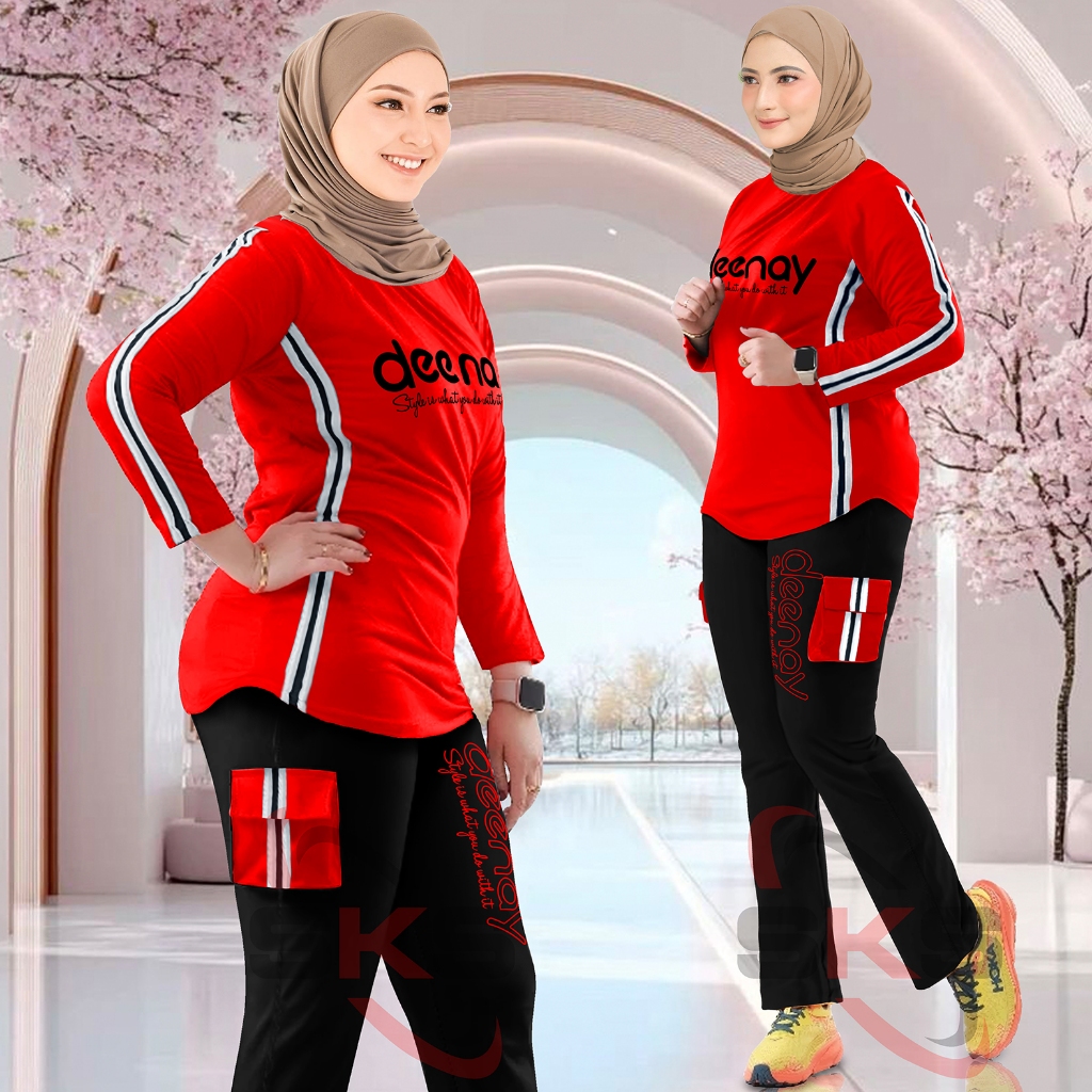 Setelan Olahraga Wanita Kombinasi Celana Cargo Sporty Motif DEENAY Set Training Senam Oneset Joging 