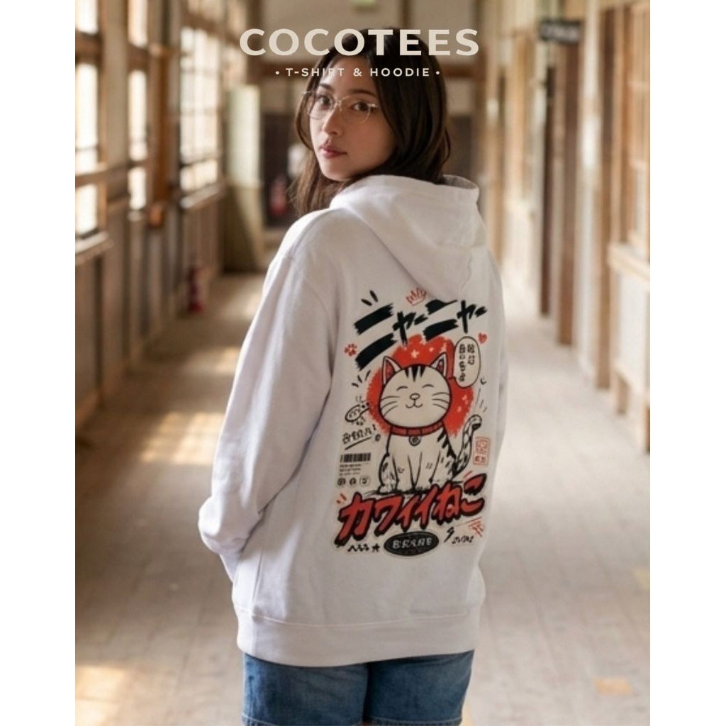 Hoodie / Kaos Putih Kawaii Neko Cat Jepang – Jaket Hoodie Oversize Kucing Imut Streetwear pria wanit