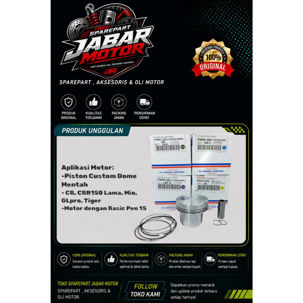 SEHER MENTAH PISTON FIM90 PIN 15 CUSTOM DOME UKURAN 65,5MM/66MM/66,5MM/68MM/70MM/72MM