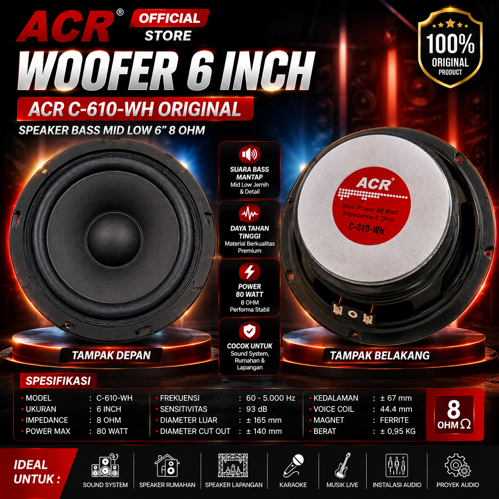 Speaker Woofer ACR 6 Inch C-610-WH Original – Speaker Bass Mid Low 6” 8 Ohm Audio Sound System Rumah