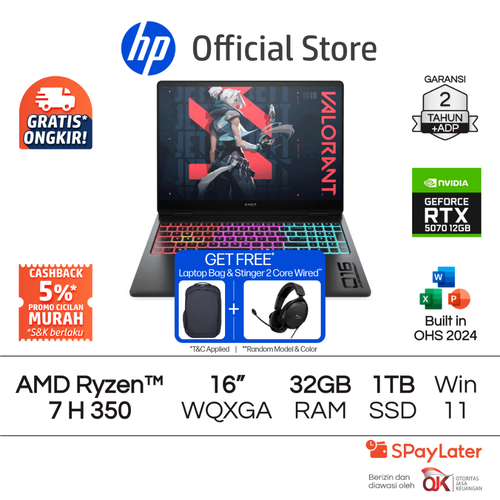 OMEN Laptop Gaming HP AMD Ryzen AI 7 NVIDIA GeForce RTX 5070 32GB RAM 1TB SSD Shadow Black Free Wind