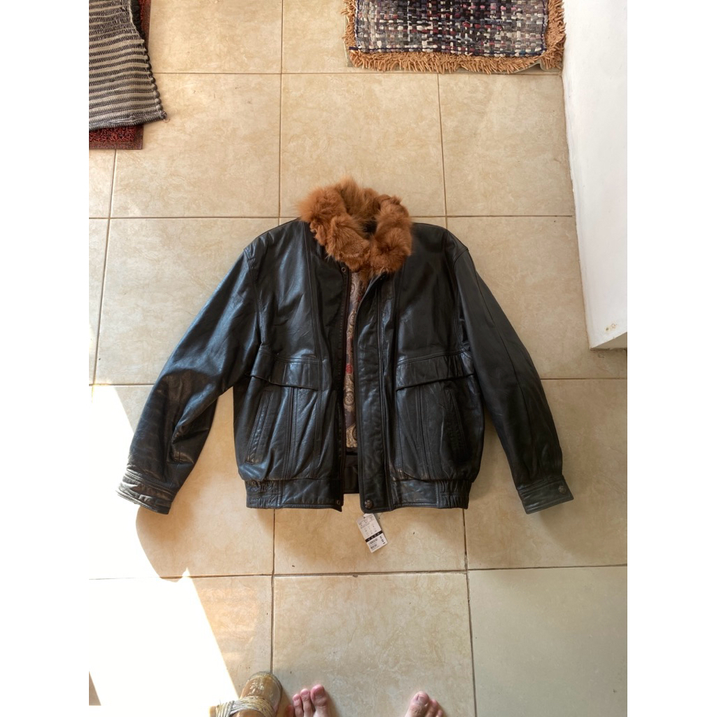 jaket kulit bomber kerah bulu
