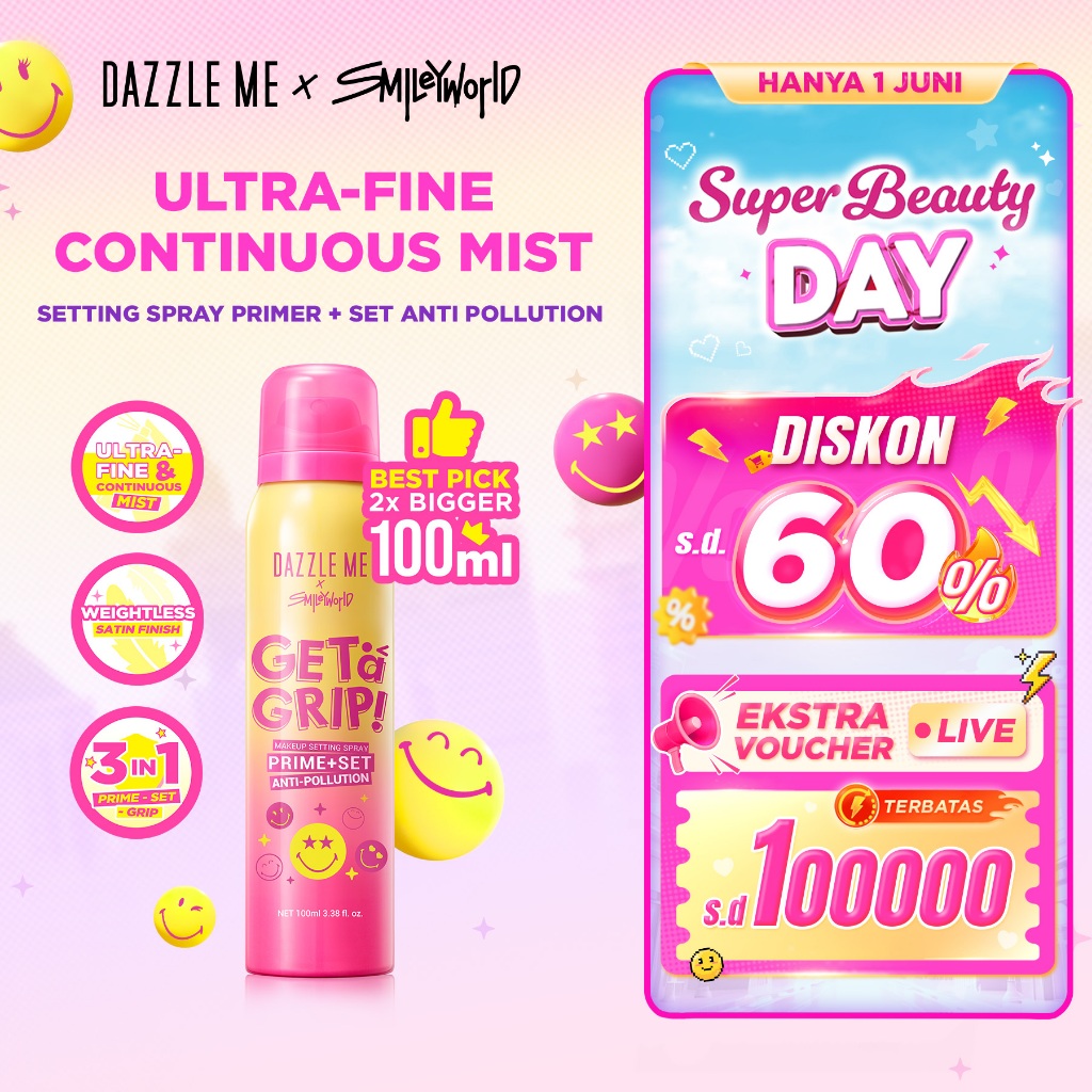 [BPOM] DAZZLE ME Get a Grip SmileyWorld Edition Aerosol Setting Spray Prime+Set Anti-Pollution - Set