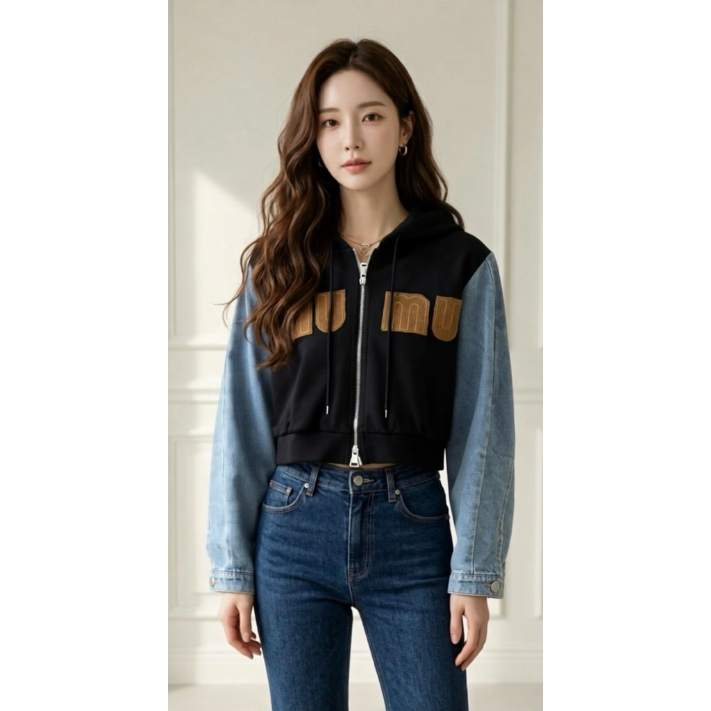 Black Hoodie Denim Sleeve Jacket
