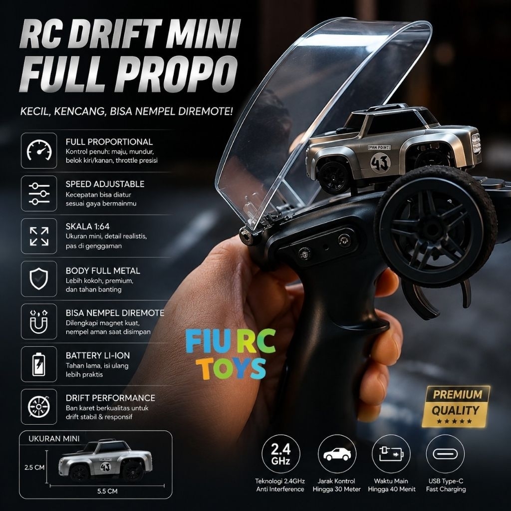 Mobil Rc Drift mini full propo skala 1:64 full body metal