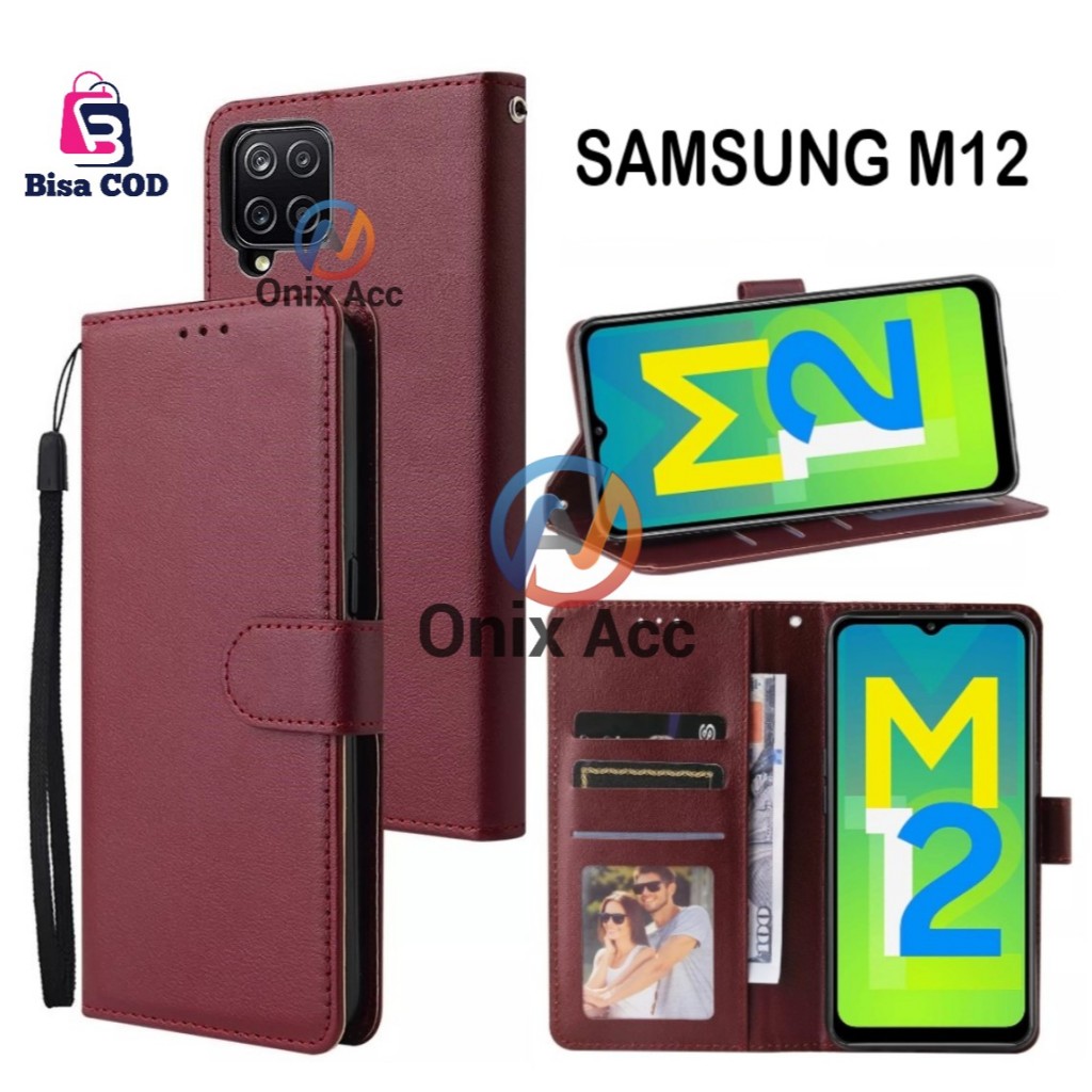 Case SAMSUNG M12 Leather Flip Case Dompet With Standing