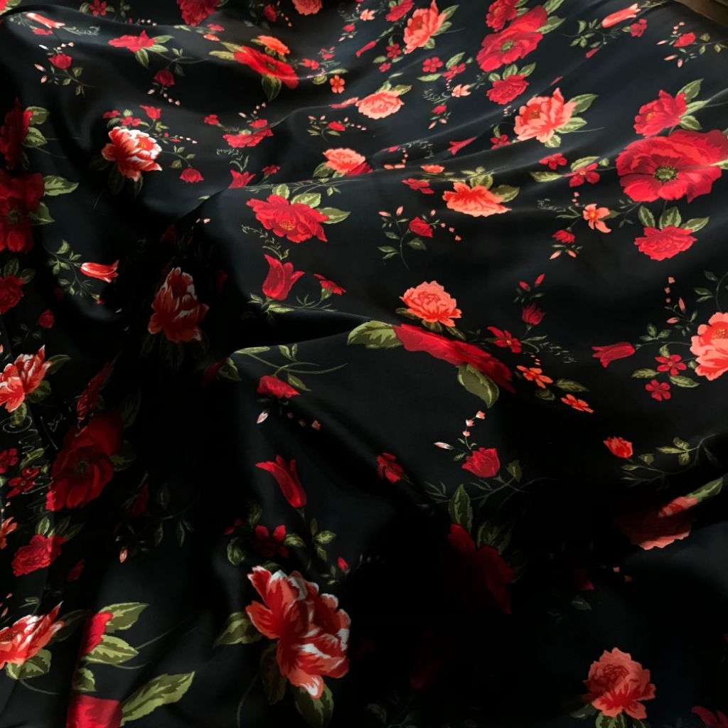 kain satin motif bunga - kain satin motif bunga Dahlia - kain satin motif bunga mawar cantik mn