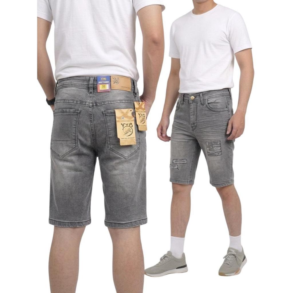Celana Pendek Jeans Pria Ripped Premium Sobek Robek Lapis Laki Cowok Cowo Dewasa Warna Snow Kekinian