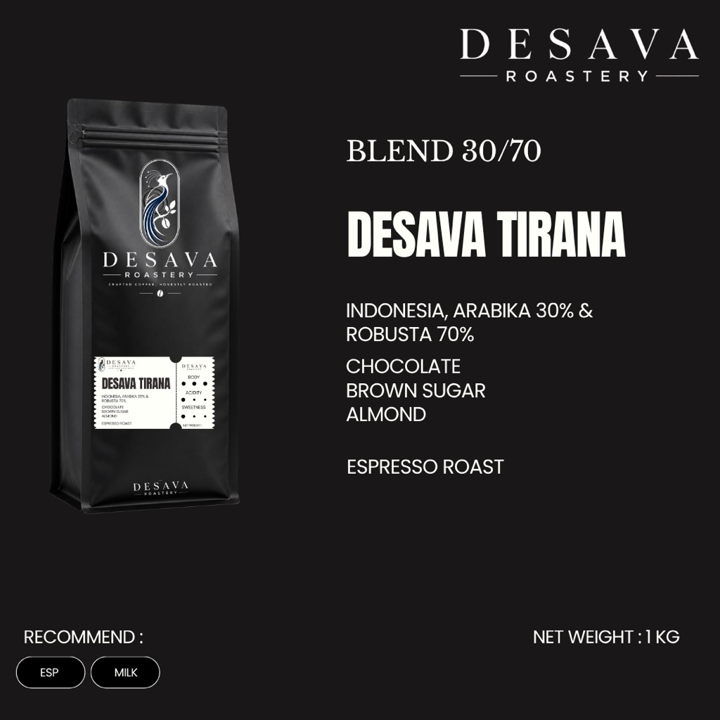 Biji Kopi Blend 30/70 DESAVA Tirana | Bold Creamy Espresso Blend | Coffee Beans Kopi Susu 1kg