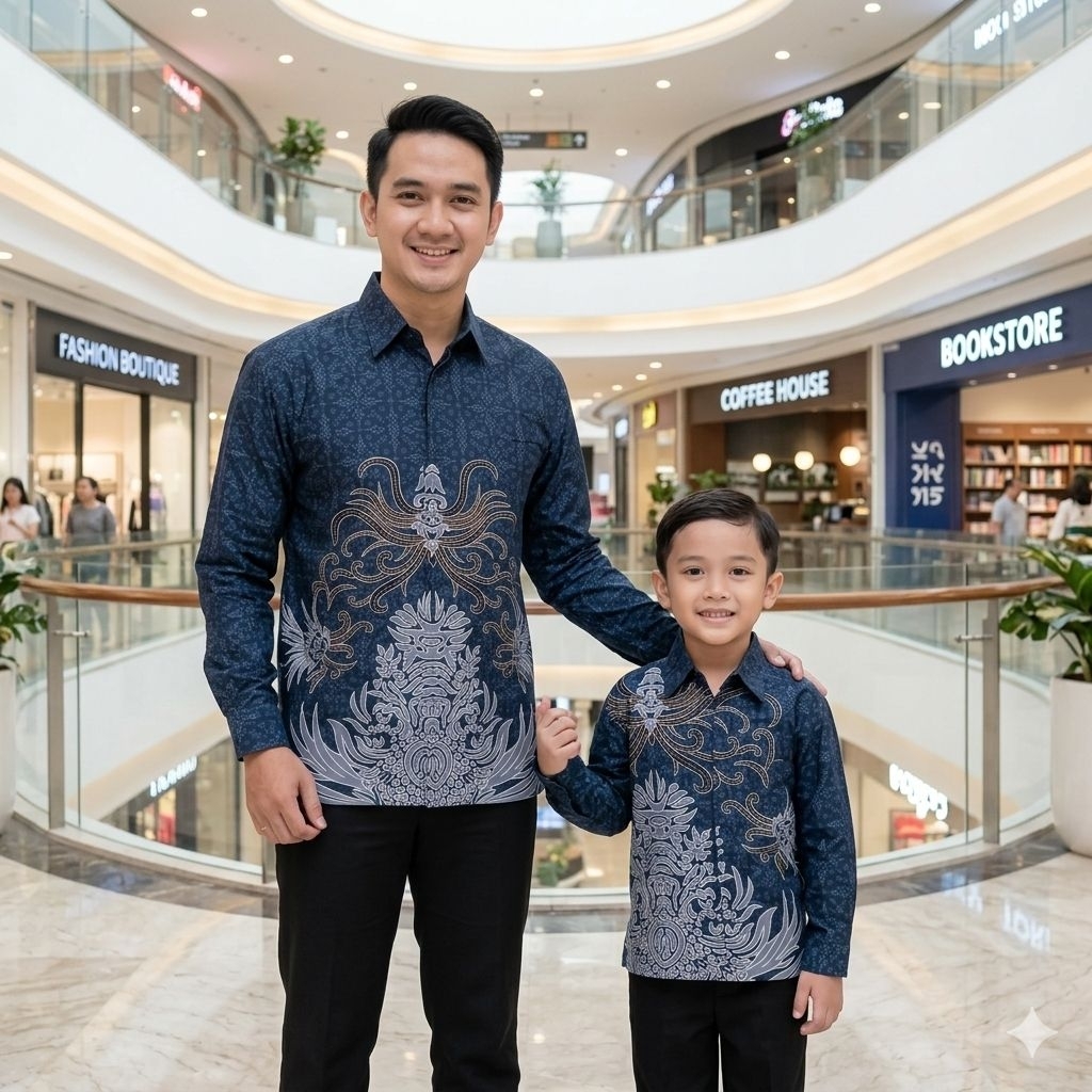Emerald Blue COUPLE Batik Pria Ayah dan Anak Kemeja Lengan Panjang Katun Premium Blue Emerald Mahkot