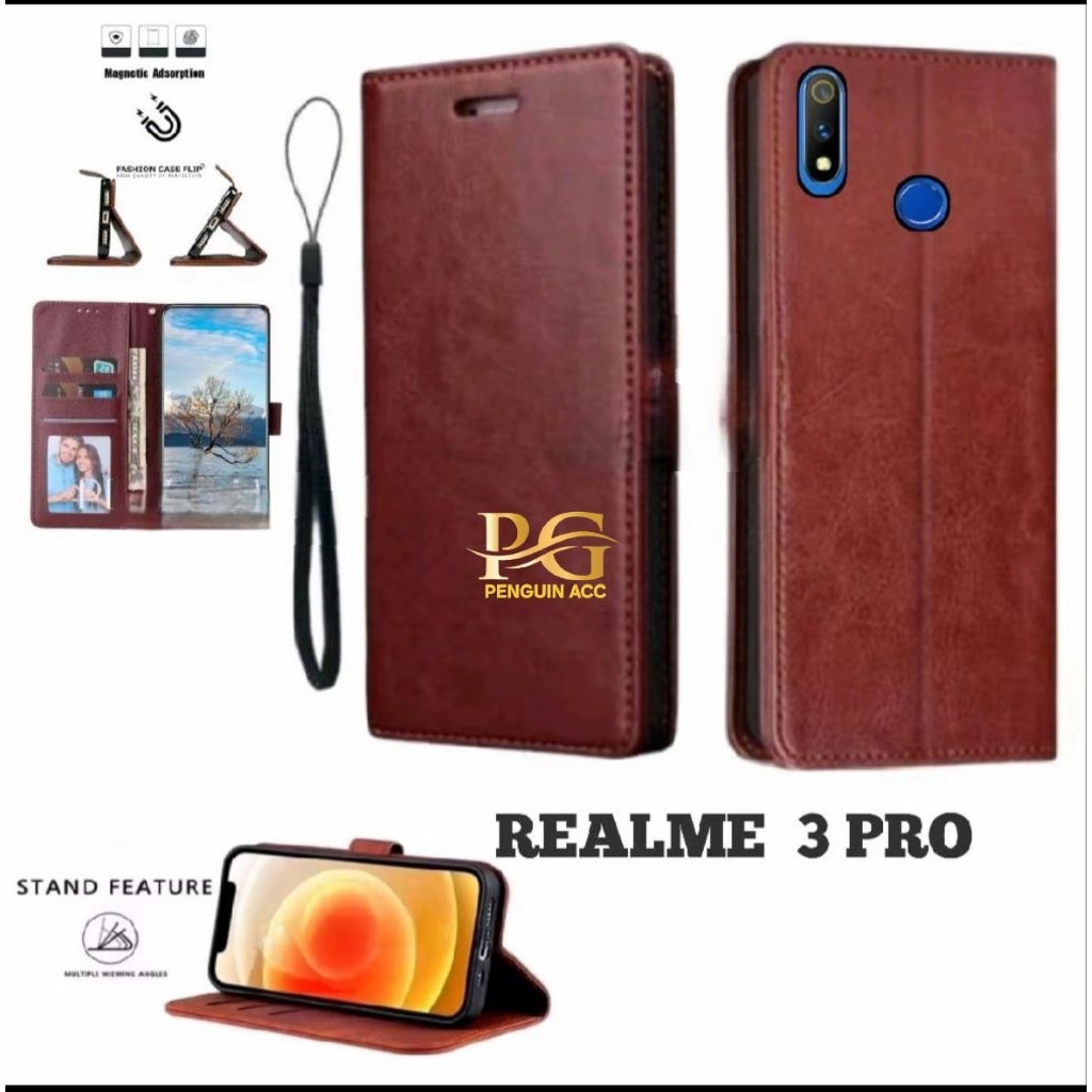 Casing REALME 3 PRO Case HP Kulit Premium Flip Cover Dompet Elegan - Casing Multifungsi Penutup