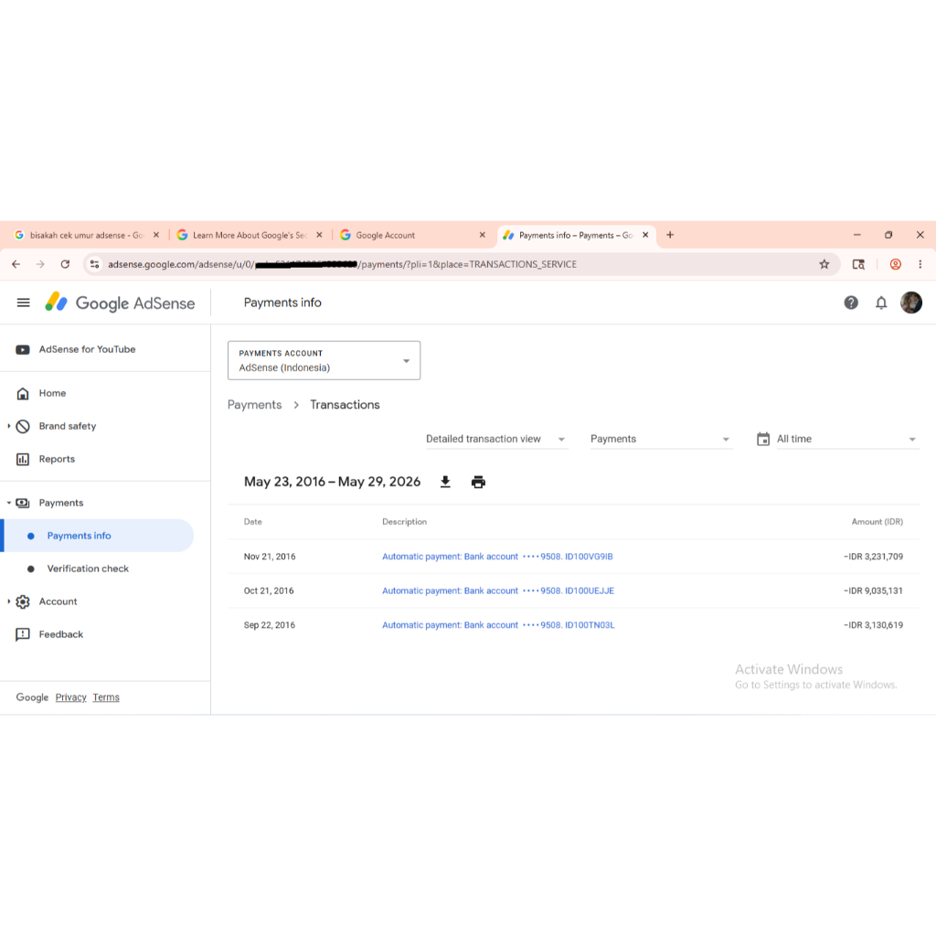 Akun Adsense 2016 Youtube Sudah PIN & PO 3x