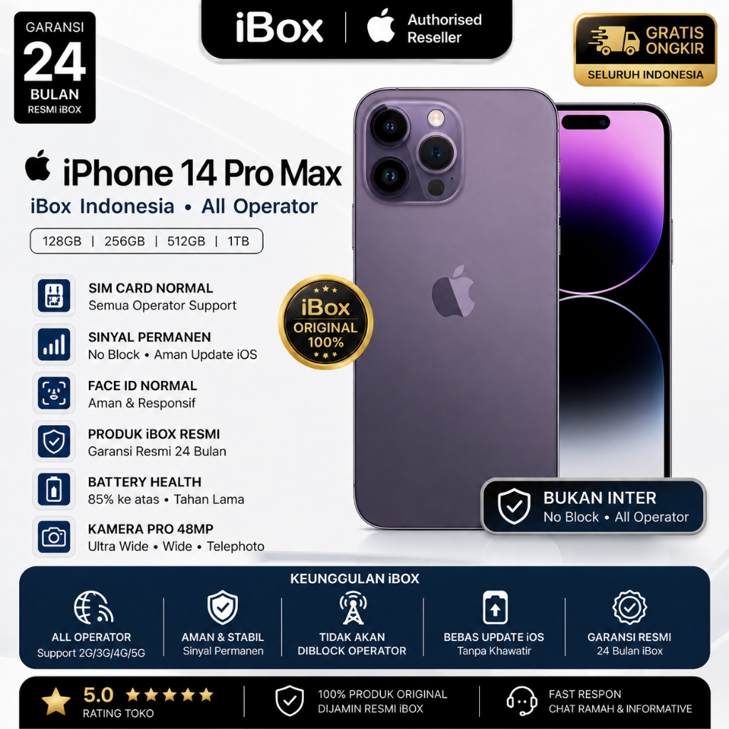 iPhone 14 Pro Max 128/256GB Like New – Original iBox, IMEI Terdaftar, Fullset, Garansi 12 Bulan, Har