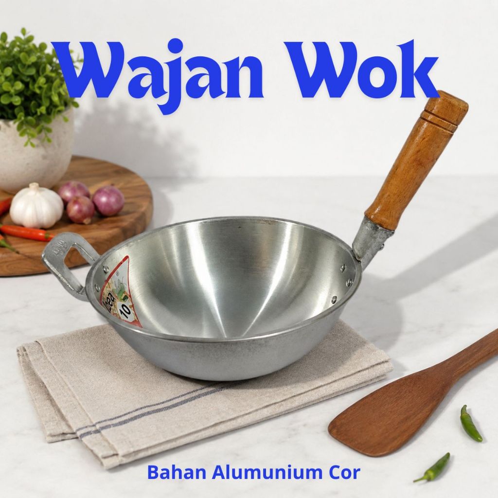 Wajan Wok Aluminium Gagang Kayu | Kuali Wok Tebal Anti Lengket Serbaguna