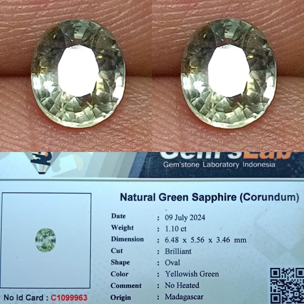 NATURAL PERMATA GREEN SAPPHIRE MADAGASCAR 1.10 CARAT YELLOWISH GREEN NO HEATED MEMO GLI LAB